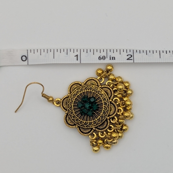 Gold Necklace Drop Earrings Set Green Gemstone Bollywood Wedding Bridal - Picture 9 of 10